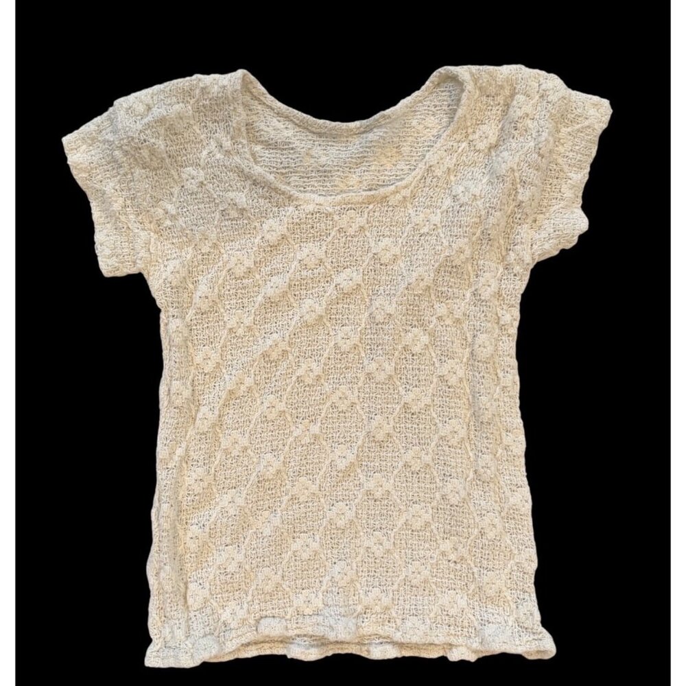 Vintage Ivory Short-Sleeve Top Knit Pattern Lightweight & Stretchy Size M
